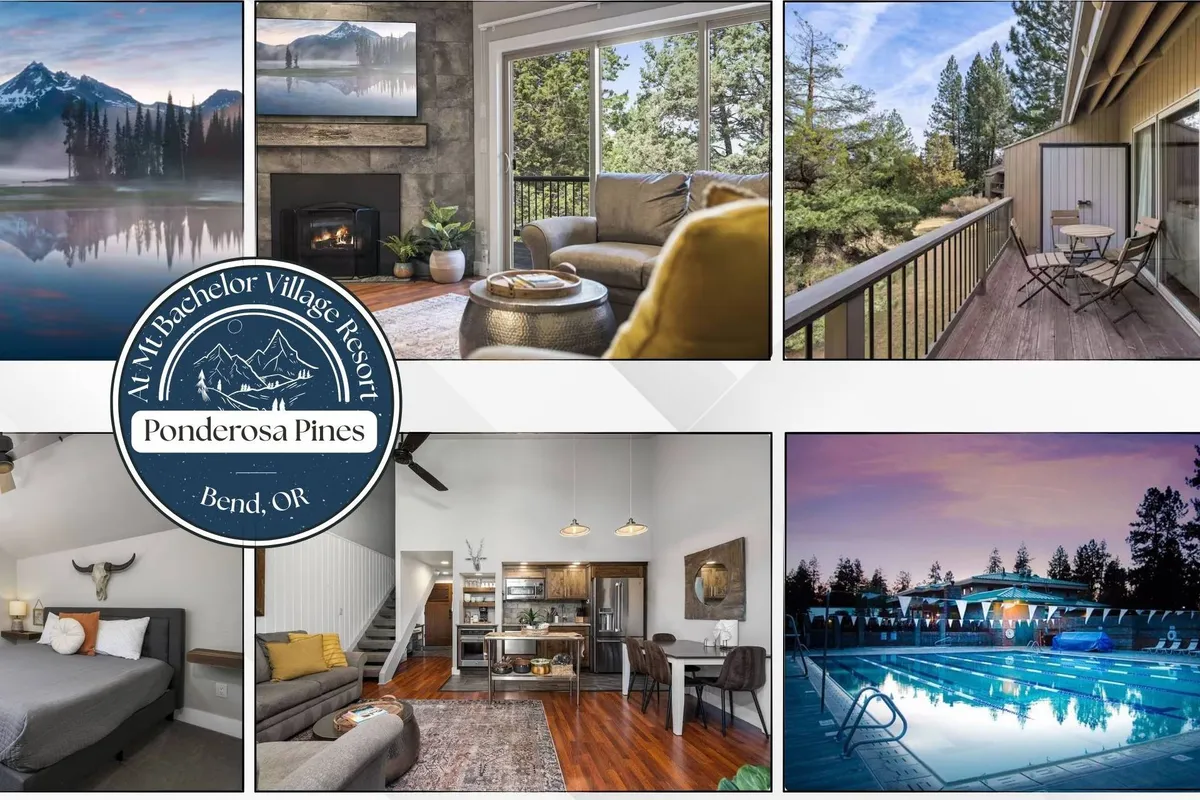 This inviting hero image showcases an open-concept condo interior with a cozy fireplace, a modern kitchen perfect for gathering, and expansive windows leading to a balcony with sweeping mountain views. Just outside, the sparkling swimming pool and outdoor seating are visible, hinting at both relaxation and adventure.